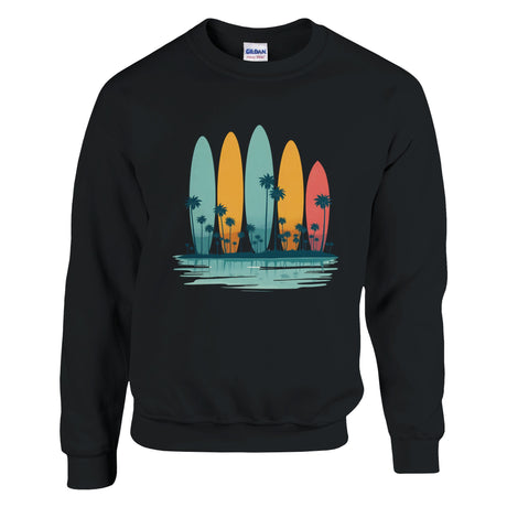 Black sweatshirt with colorful surfboard design on a white background