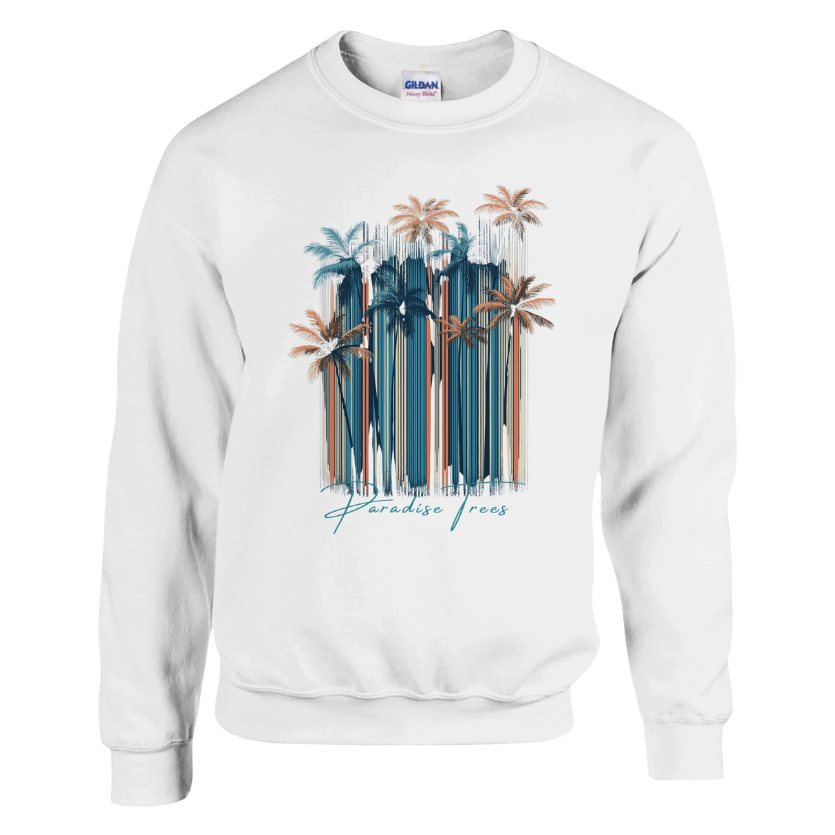 White sweatshirt with palm tree design and 'Paradise Found' text on a white background