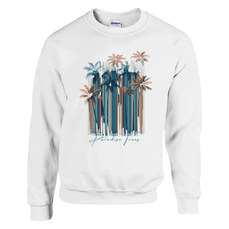 White sweatshirt with palm tree design and 'Paradise Found' text on a white background