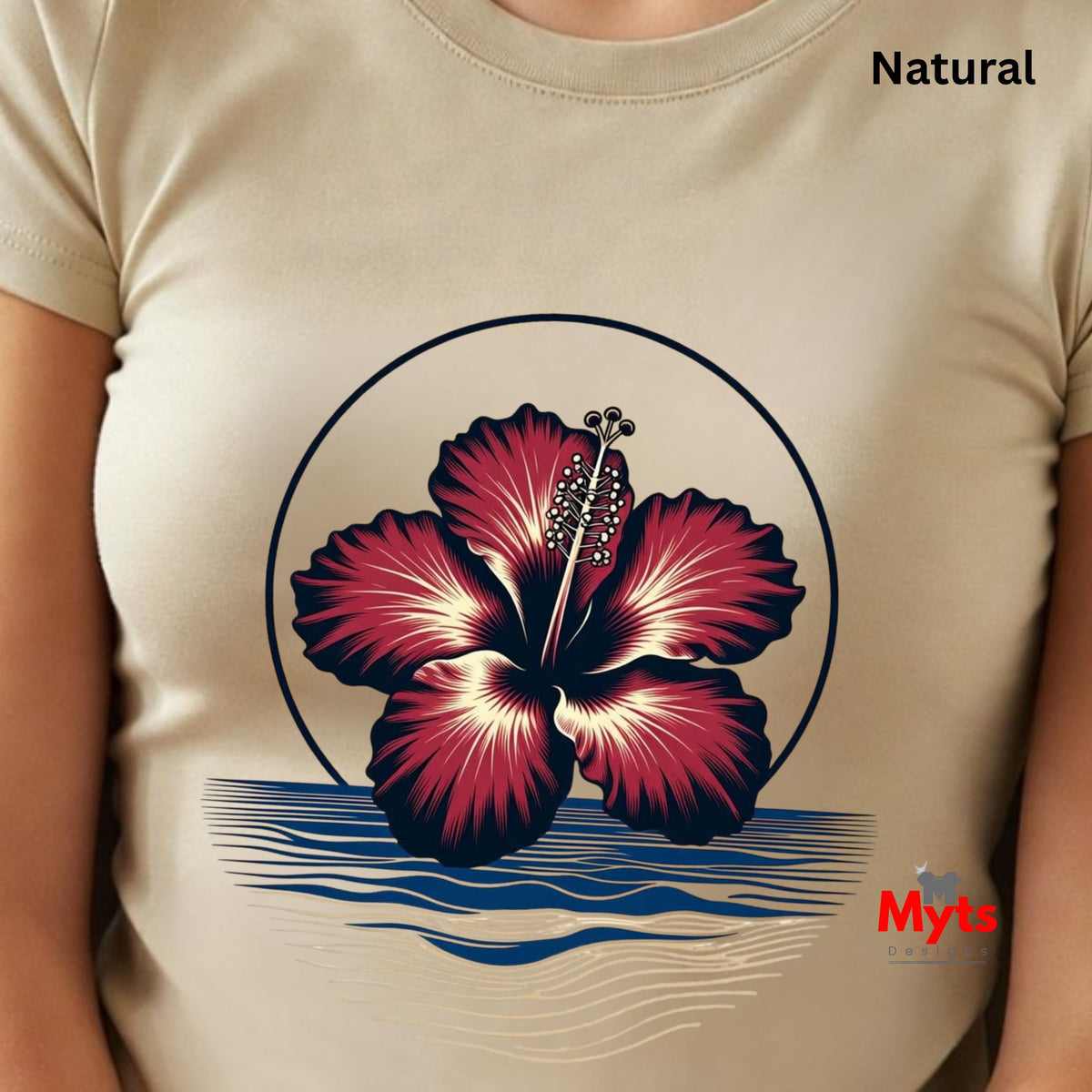 Natural tropical hibiscus flower graphic T-shirt featuring a vibrant red bloom, navy circular outline and stylised blue and sandy-gold ocean waves.