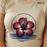 Natural tropical hibiscus flower graphic T-shirt featuring a vibrant red bloom, navy circular outline and stylised blue and sandy-gold ocean waves.