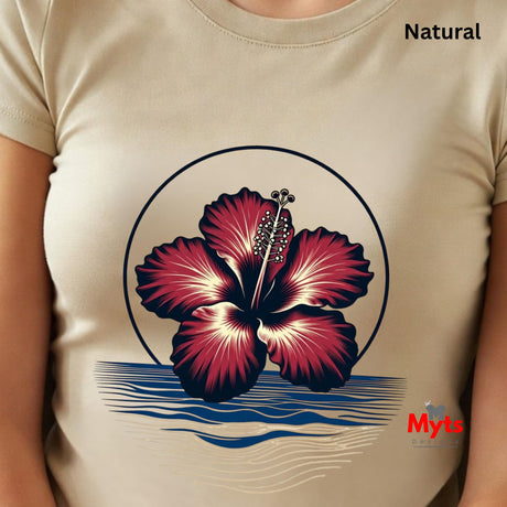Natural tropical hibiscus flower graphic T-shirt featuring a vibrant red bloom, navy circular outline and stylised blue and sandy-gold ocean waves.