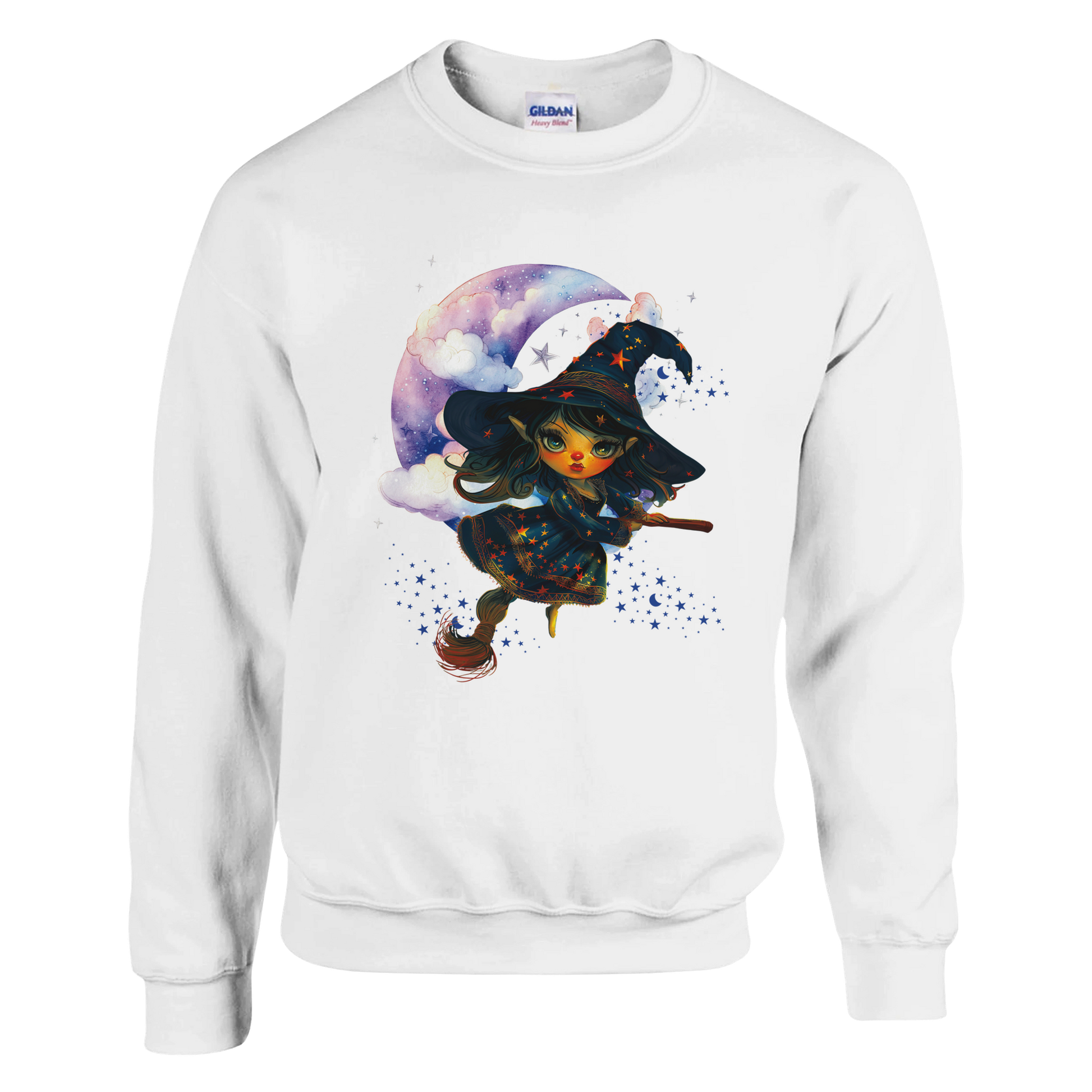 White sweatshirt with a witch design on a white background