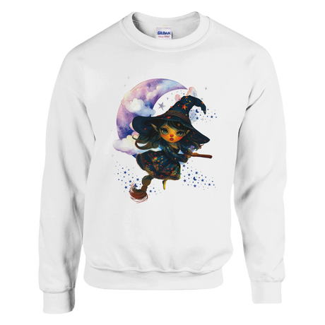 White sweatshirt with a witch design on a white background