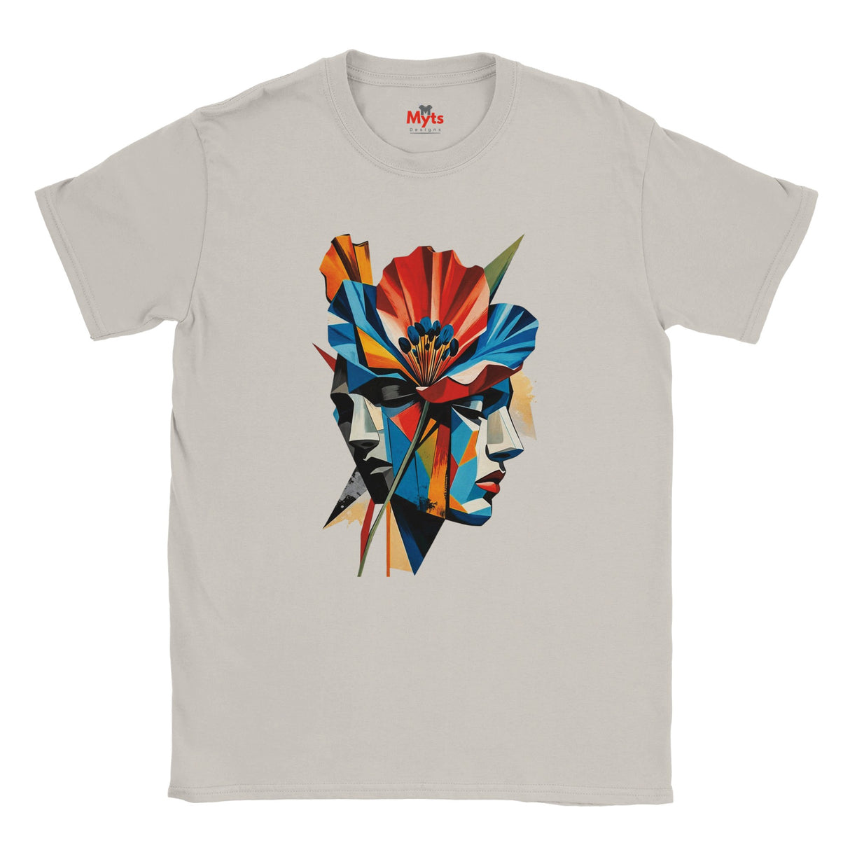 An Ice Grey abstract two face poppy T-shirt featuring colourful geometric portrait artwork in red, blue, yellow, black and cream.