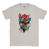 An Ice Grey abstract two face poppy T-shirt featuring colourful geometric portrait artwork in red, blue, yellow, black and cream.