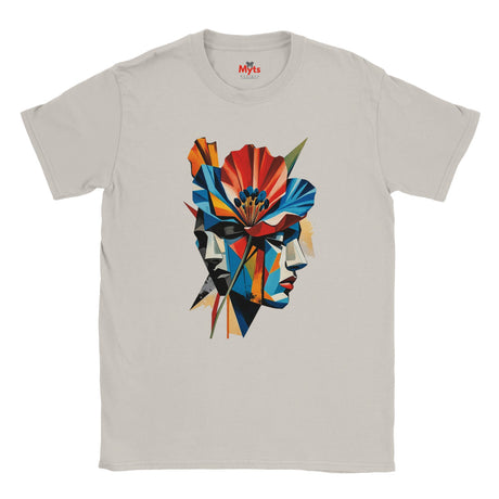 An Ice Grey abstract two face poppy T-shirt featuring colourful geometric portrait artwork in red, blue, yellow, black and cream.