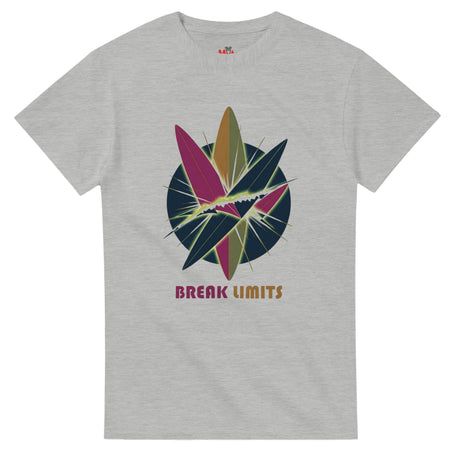 Ash t-shirt with colorful graphic design and 'Break Limits' text on a white background