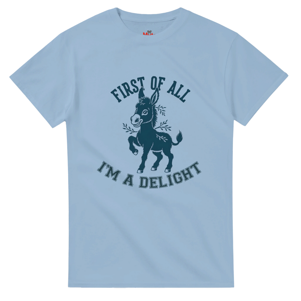 Light blue t-shirt with a donkey graphic and text on a white background
