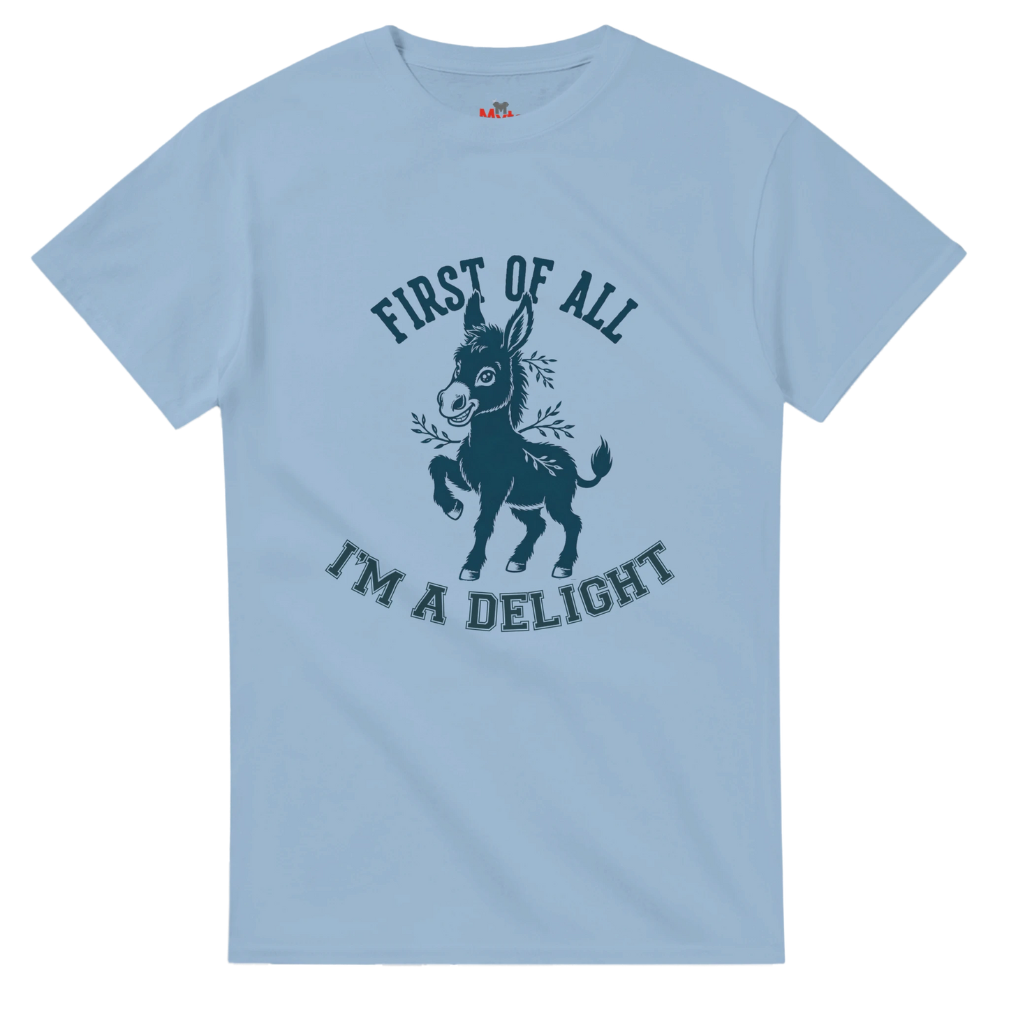 Light blue t-shirt with a donkey graphic and text on a white background