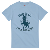 Light blue t-shirt with a donkey graphic and text on a white background