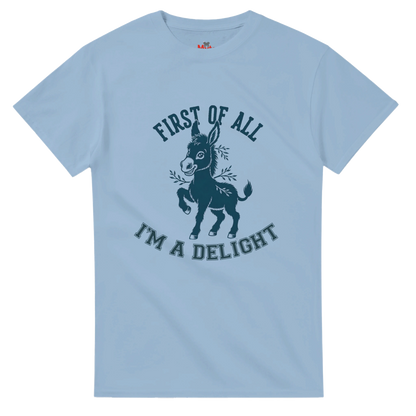 Light blue t-shirt with a donkey graphic and text on a white background