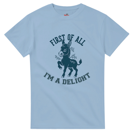Light blue t-shirt with a donkey graphic and text on a white background