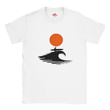 White t-shirt with a graphic design of a person on a wave under an orange sun, brand 'Myts' visible.