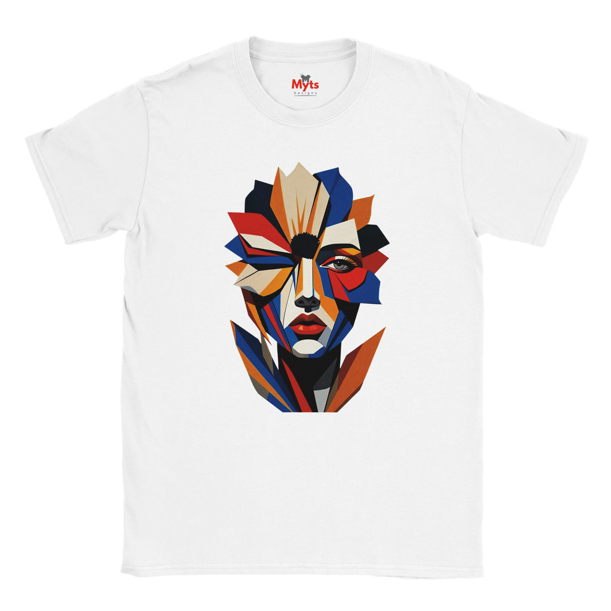 Abstract Geometric Face T-Shirt in White — bold geometric portrait art graphic tee by Mytsdesigns
