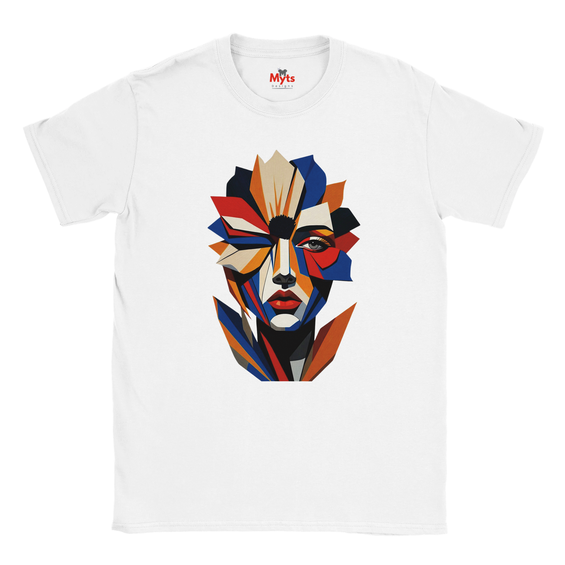 Abstract Geometric Face T-Shirt in White — bold geometric portrait art graphic tee by Mytsdesigns