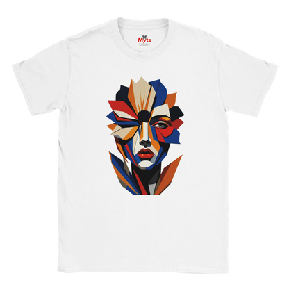Abstract Geometric Face T-Shirt in White — bold geometric portrait art graphic tee by Mytsdesigns