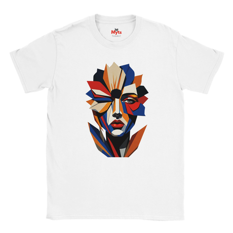 Abstract Geometric Face T-Shirt in White — bold geometric portrait art graphic tee by Mytsdesigns