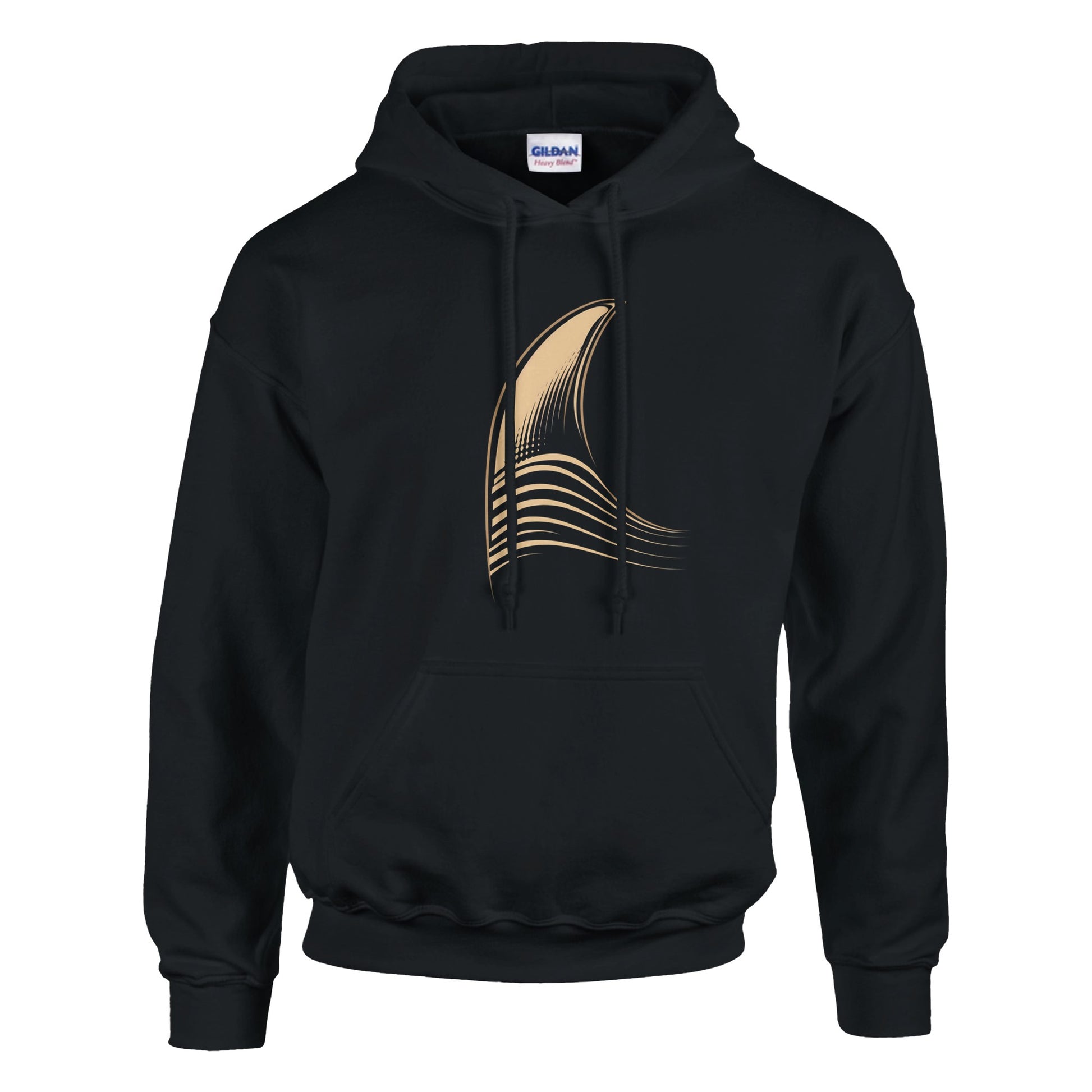 Black hoodie with a gold feather design on a white background