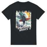 Black t-shirt with a graphic of a person holding a surfboard and the text 'chasing waves' on a white background.