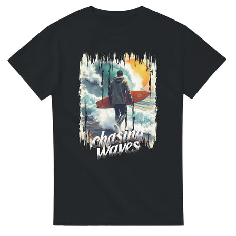 Black t-shirt with a graphic of a person holding a surfboard and the text 'chasing waves' on a white background.