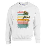 White sweatshirt with a colorful palm tree design on a white background