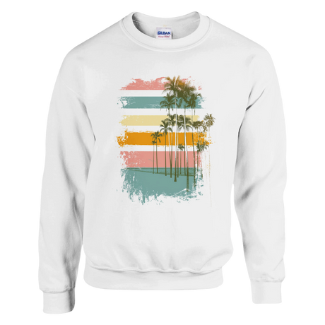 White sweatshirt with a colorful palm tree design on a white background