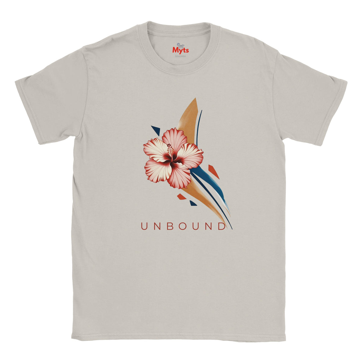 Ice Grey crew-neck T-shirt featuring the UNBOUND pink hibiscus flower and minimalist navy and beige abstract design.