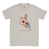 Ice Grey crew-neck T-shirt featuring the UNBOUND pink hibiscus flower and minimalist navy and beige abstract design.