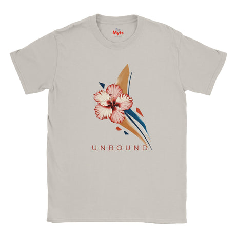 Ice Grey crew-neck T-shirt featuring the UNBOUND pink hibiscus flower and minimalist navy and beige abstract design.