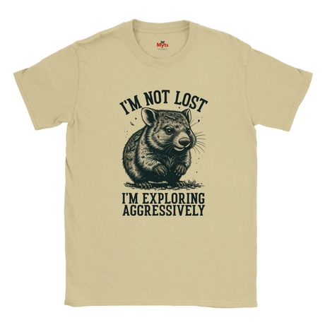 Natural t-shirt with a Wombat graphic and text on a white background