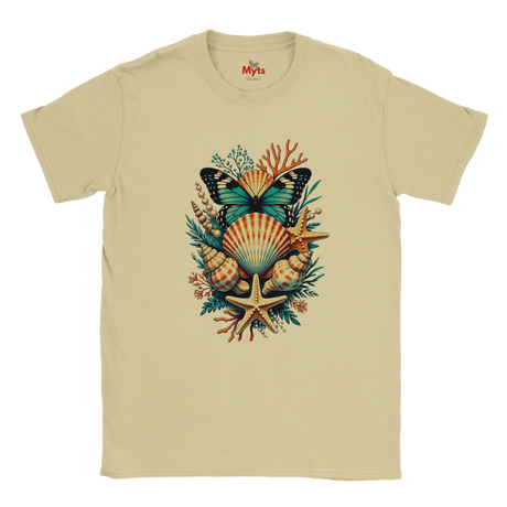 A Sand crewneck T-shirt featuring a colorful graphic print of a butterfly, seashells, starfish, and coral on the front, with the brand name 'The Myts' printed inside the collar.