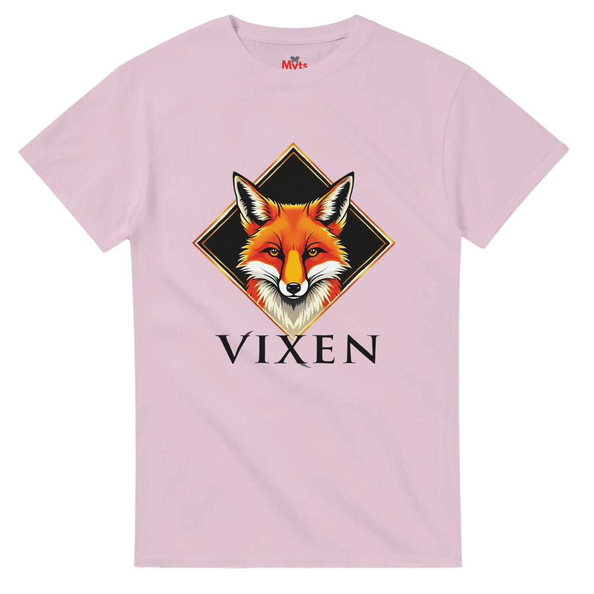 Pink t-shirt with a fox graphic and 'Vixen' text on a white background