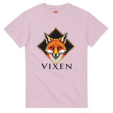 Pink t-shirt with a fox graphic and 'Vixen' text on a white background