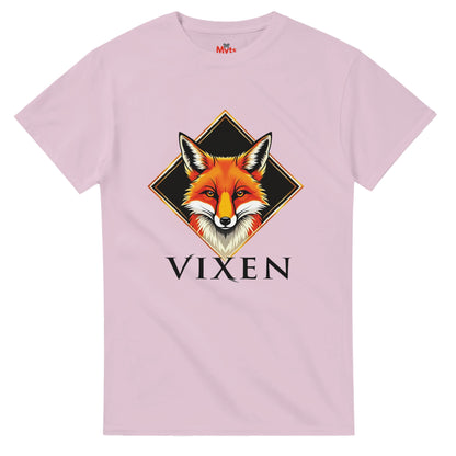 Pink t-shirt with a fox graphic and 'Vixen' text on a white background