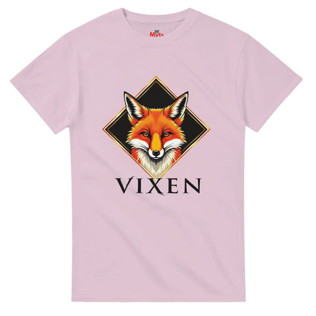 Pink t-shirt with a fox graphic and 'Vixen' text on a white background