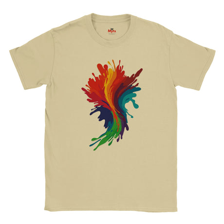 Natural (Beige) t-shirt with a colorful abstract design on a white background