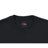 Black t-shirt with a logo on the chest area against a white background