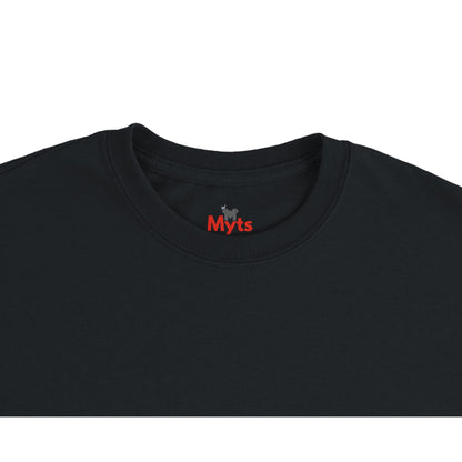 Black t-shirt with 'Myts' logo on a white background