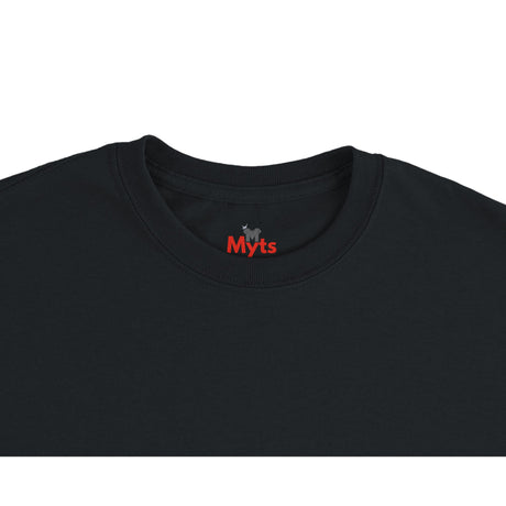 Black t-shirt with 'Myts' logo on a white background
