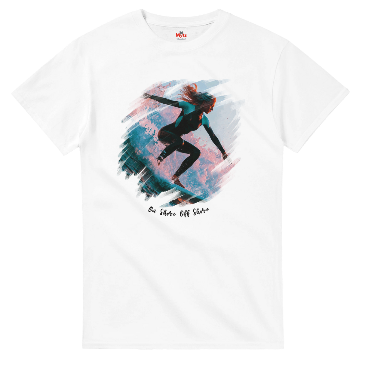 White T-shirt with a graphic of a girl surfing and text on a white background