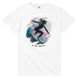 White T-shirt with a graphic of a girl surfing and text on a white background