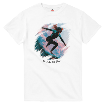 White T-shirt with a graphic of a girl surfing and text on a white background