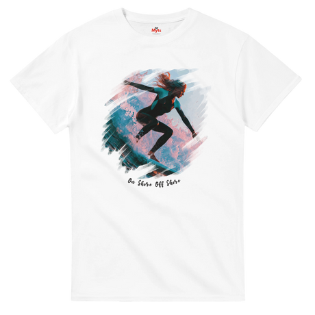 White T-shirt with a graphic of a girl surfing and text on a white background