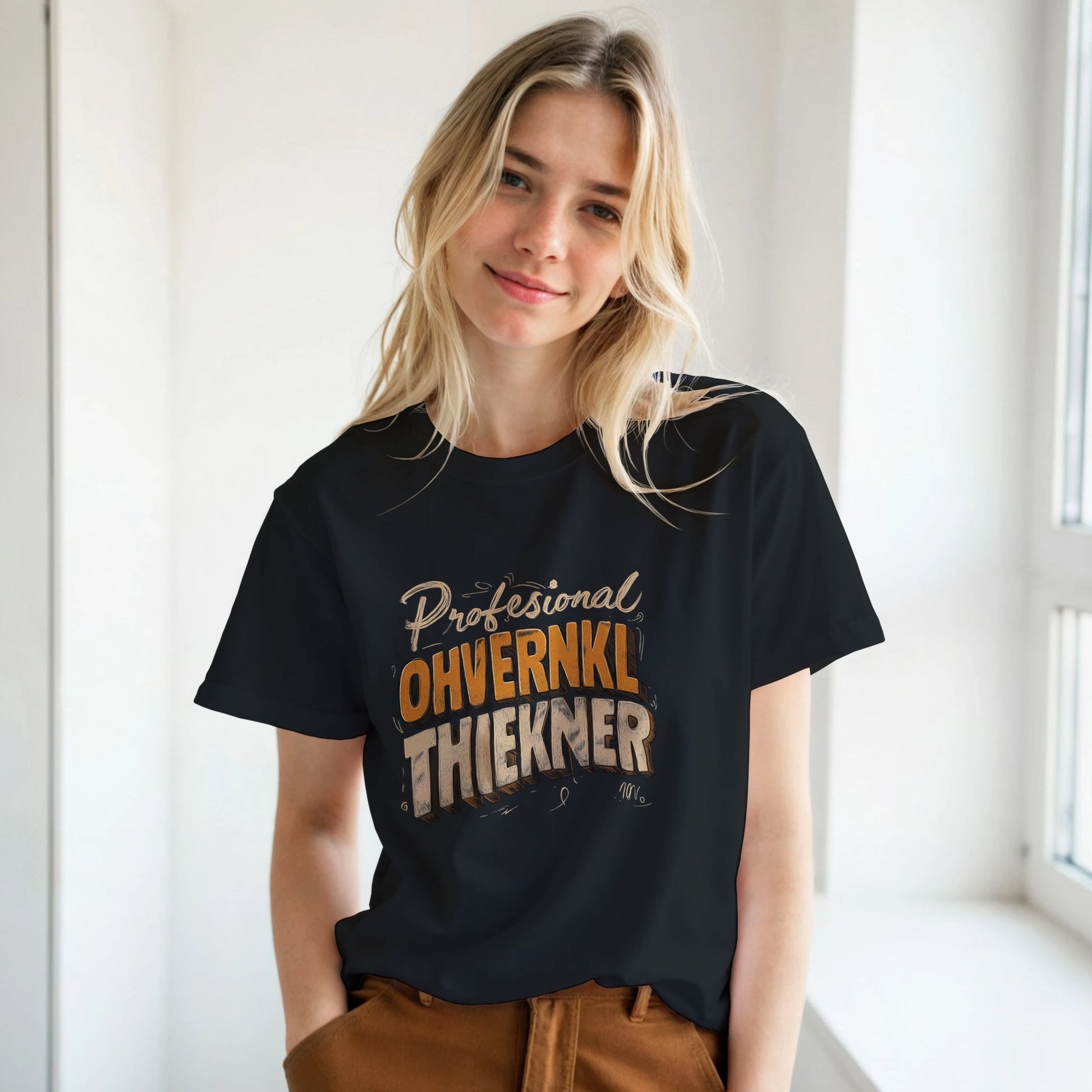 Woman wearing a black t-shirt with text in a room with a window