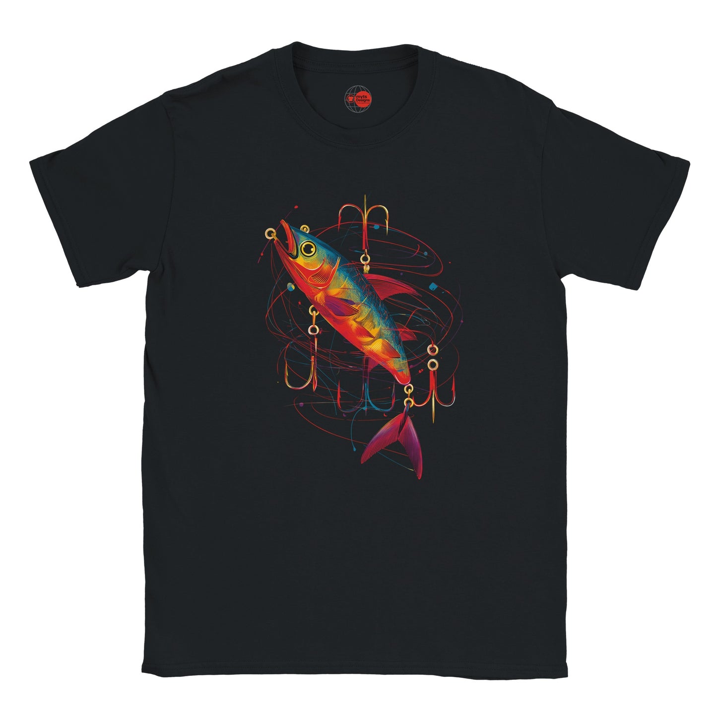 Black t-shirt with a colorful fish design on a white background