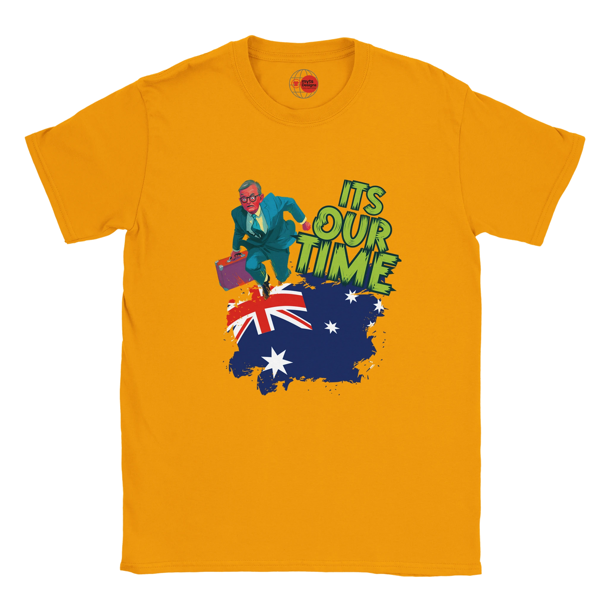 Gold t-shirt with a graphic of a man, an Australian flag, and 'It's Our Time' text on a white background