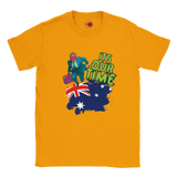 Gold t-shirt with a graphic of a man, an Australian flag, and 'It's Our Time' text on a white background