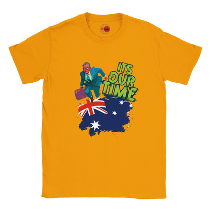 Gold t-shirt with a graphic of a man, an Australian flag, and 'It's Our Time' text on a white background
