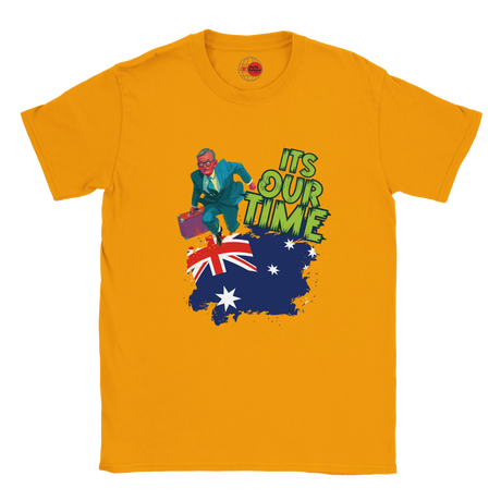 Gold t-shirt with a graphic of a man, an Australian flag, and 'It's Our Time' text on a white background